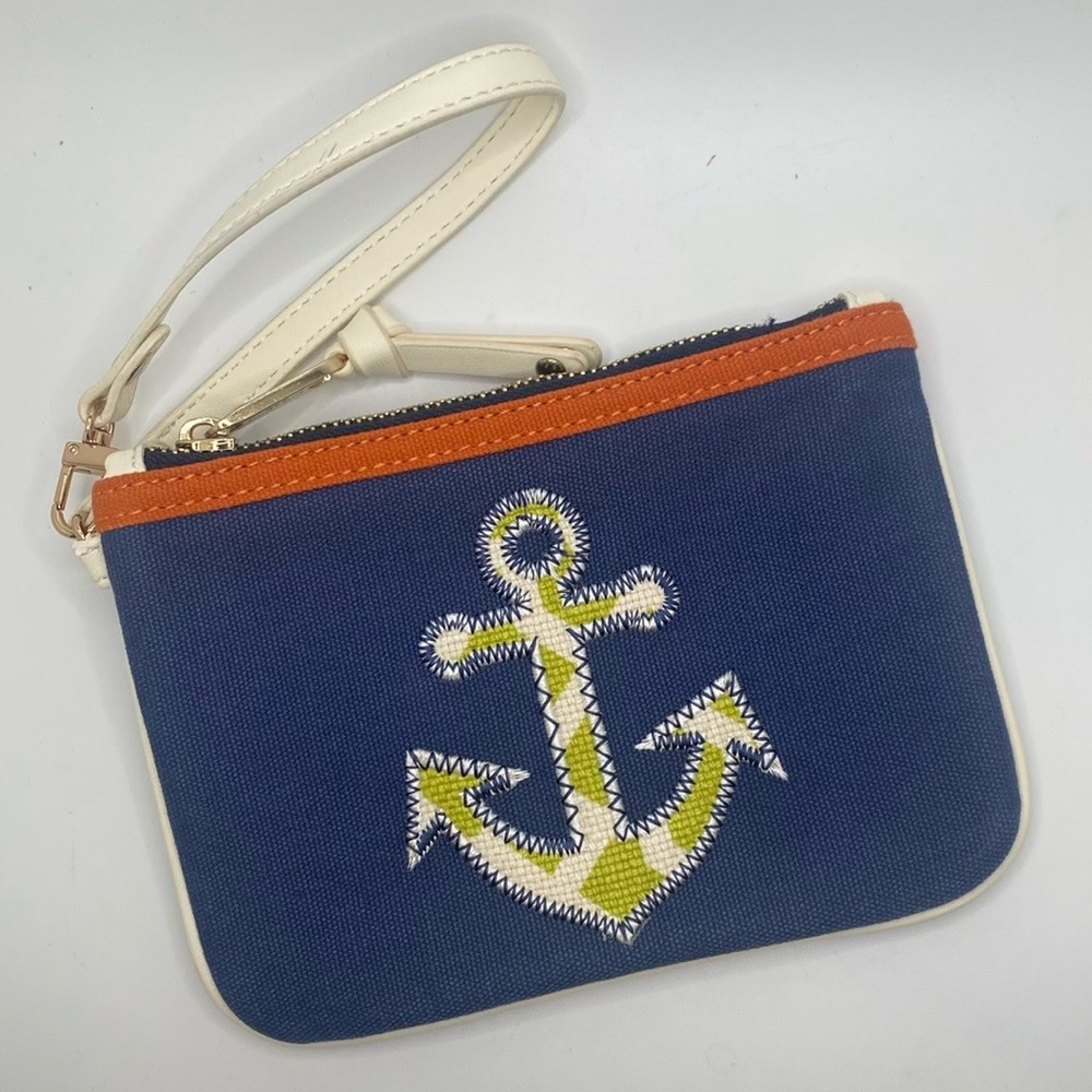 Spartina 449 Anchor Nautical Blue Orange lime Off White Top Zip Wristlet